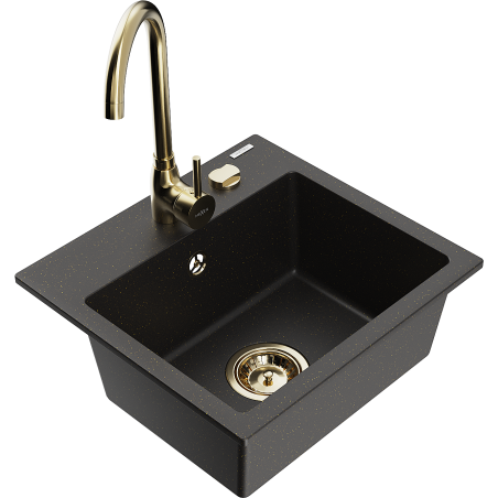 Mexen Milo granitový dřez 1-komorový s kuchyňskou baterií Telma, černý/zlatý - 6505-75-670200-50