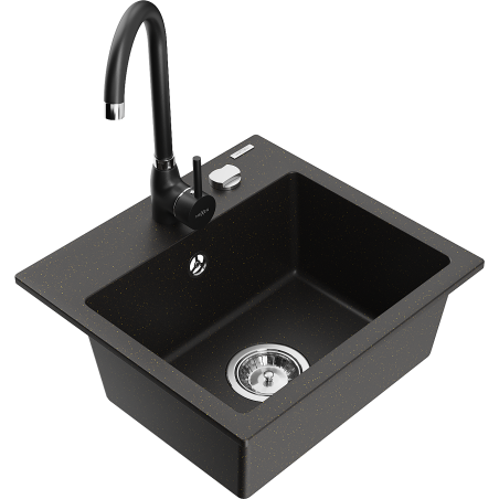 Mexen Milo jednovrstvý žulový dřez s kuchyňskou baterií Telma, černý/zlatý - 6505-75-670200-70