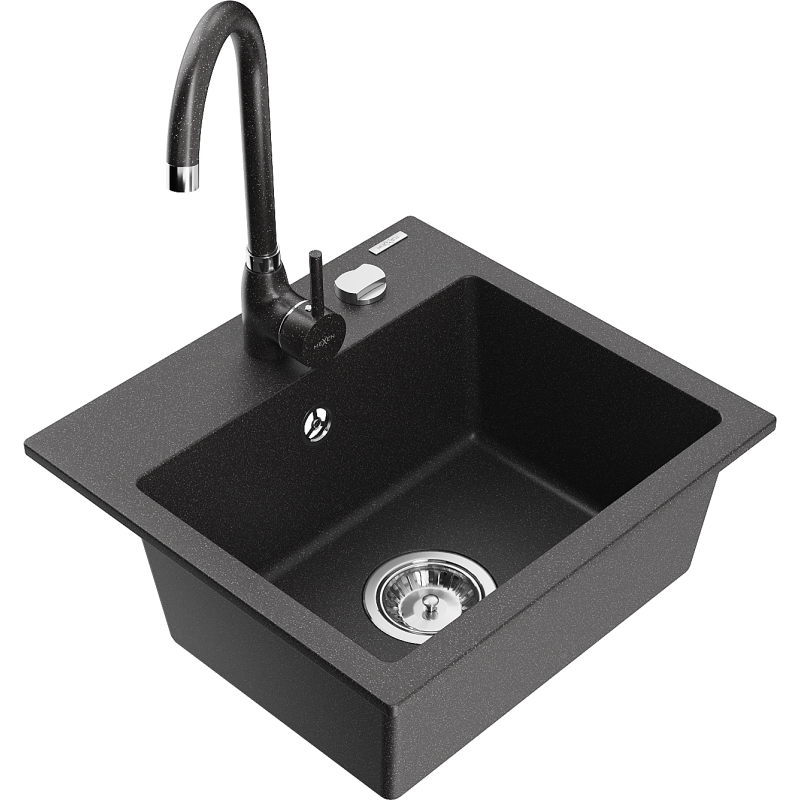 Mexen Milo žulový dřez 1-komorový s kuchyňskou baterií Telma, černý kropenatý - 6505-76-670200-76