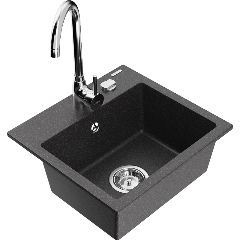 Mexen Milo granitový dřez 1-komorový s kuchyňskou baterií Telma, černý kropenatý - 6505-76-670200-00