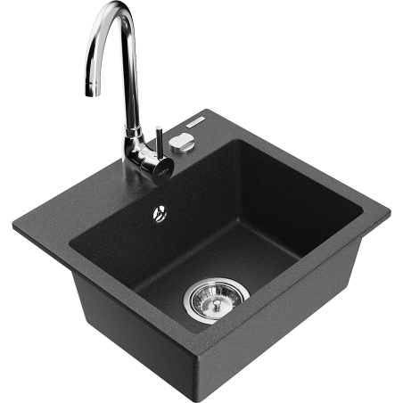 Mexen Milo granitový dřez 1-komorový s kuchyňskou baterií Telma, černý kropenatý - 6505-76-670200-00