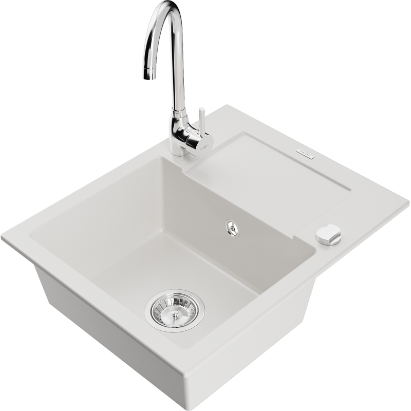 Mexen Enzo granitový dřez 1-komorový s odkapávačem a kuchyňskou baterií Telma, bílý - 6506-20-670200-00