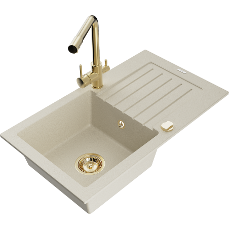 Mexen Pablo granitový dřez 1-komorový s odkapávačem a kuchyňskou baterií Duero, béžový - 6510-69-671600-50