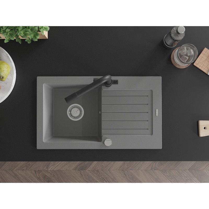 Mexen Pablo granitový dřez 1-komorový s odkapávačem a kuchyňskou baterií Duero, šedý - 6510-71-671600-70