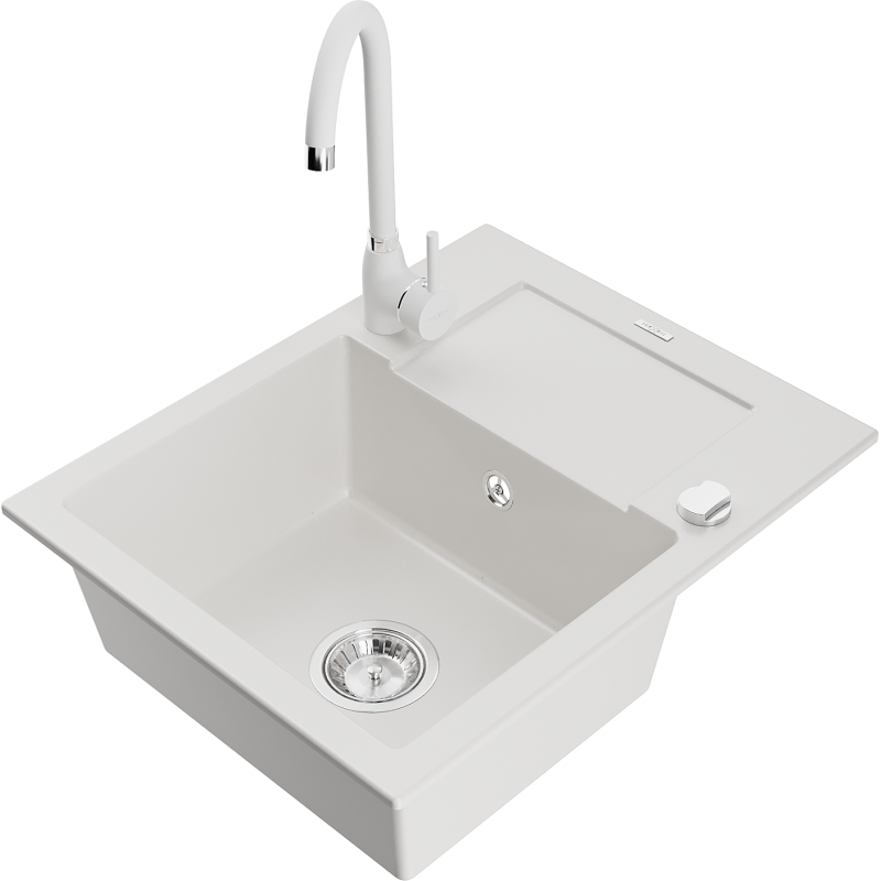 Mexen Enzo granitový dřez s 1 komorou, odkapávačem a kuchyňskou baterií Telma, bílý - 6506-20-670200-20