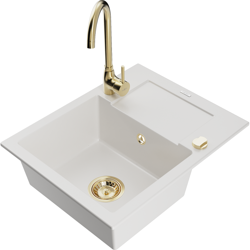 Mexen Enzo granitový dřez 1-komorový s odkapávačem a kuchyňskou baterií Telma, bílý - 6506-20-670200-50