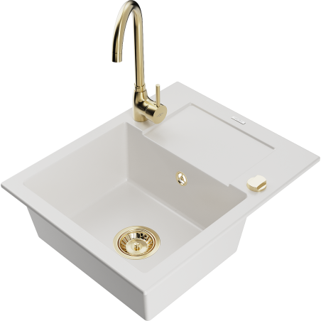 Mexen Enzo granitový dřez 1-komorový s odkapávačem a kuchyňskou baterií Telma, bílý - 6506-20-670200-50