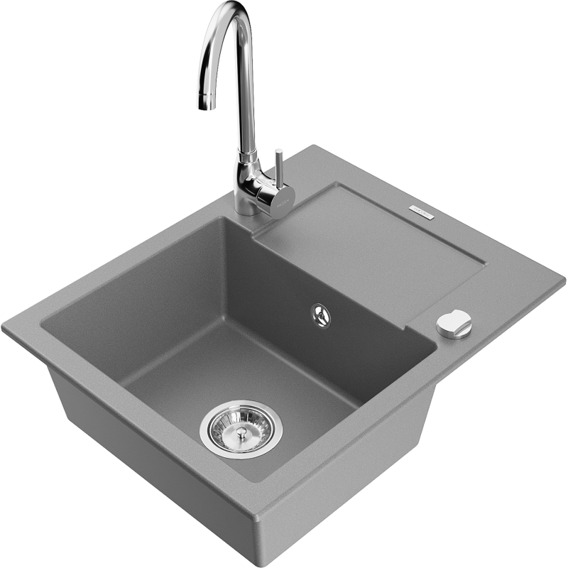 Mexen Enzo granitový dřez 1-komorový s odkapávačem a kuchyňskou baterií Telma, šedý - 6506-71-670200-00