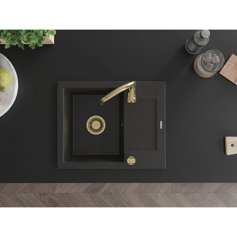 Mexen Enzo granitový dřez s 1 komorou a odkapávačem a kuchyňskou baterií Telma, černá/zlatá - 6506-75-670200-50