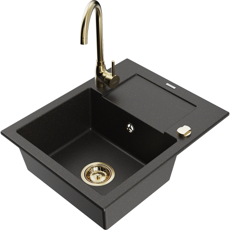 Mexen Enzo granitový dřez s 1 komorou a odkapávačem a kuchyňskou baterií Telma, černá/zlatá - 6506-75-670200-50