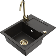 Mexen Enzo granitový dřez s 1 komorou a odkapávačem a kuchyňskou baterií Telma, černá/zlatá - 6506-75-670200-50