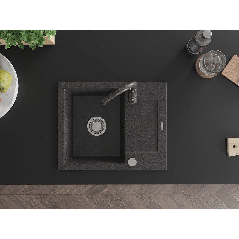 Mexen Enzo granitový dřez 1-komorový s odkapávačem a kuchyňskou baterií Telma, černý skvrnitý - 6506-76-670200-76