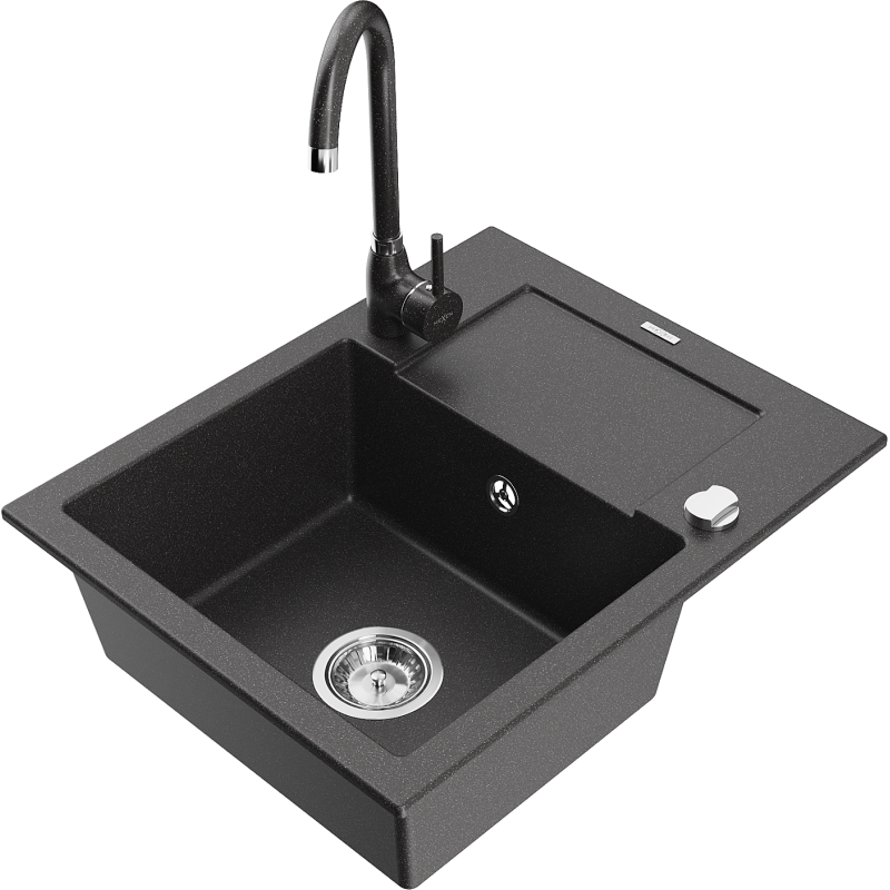 Mexen Enzo granitový dřez 1-komorový s odkapávačem a kuchyňskou baterií Telma, černý skvrnitý - 6506-76-670200-76