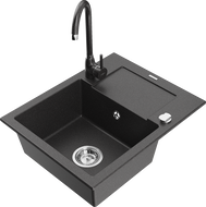 Mexen Enzo granitový dřez 1-komorový s odkapávačem a kuchyňskou baterií Telma, černý skvrnitý - 6506-76-670200-76