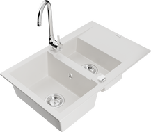 Mexen Gaspar granitový dřez 1,5-komorový s odkapávačem a kuchyňskou baterií Telma, bílý - 6507-20-670200-00