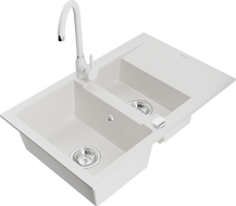 Mexen Gaspar granitový dřez 1,5-komorový s odkapávačem a kuchyňskou baterií Telma, bílý - 6507-20-670200-20