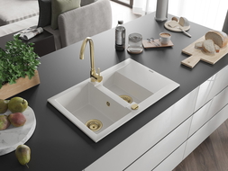 Mexen Gaspar žulový dřez 1,5-komorový s odkapávačem a kuchyňskou baterií Telma, bílý - 6507-20-670200-50