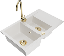 Mexen Gaspar žulový dřez 1,5-komorový s odkapávačem a kuchyňskou baterií Telma, bílý - 6507-20-670200-50