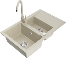 Mexen Gaspar granitový dřez 1,5-komorový s odkapávačem a kuchyňskou baterií Telma, béžový - 6507-69-670200-69