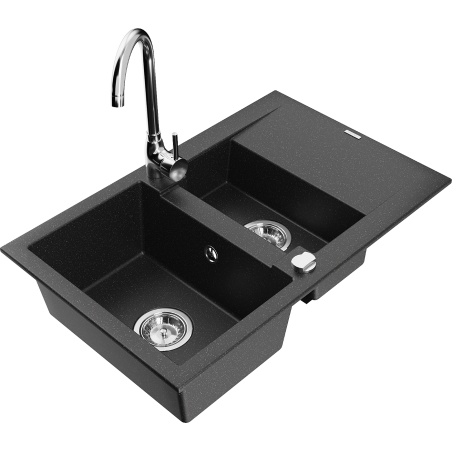 Mexen Gaspar 1,5-komorový žulový dřez s odkapávačem a kuchyňskou baterií Telma, černý/stříbrný - 6507-73-670200-00