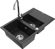 Mexen Gaspar 1,5-komorový žulový dřez s odkapávačem a kuchyňskou baterií Telma, černý/stříbrný - 6507-73-670200-00