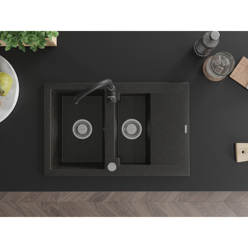 Mexen Gaspar granitový dřez 1,5-komorový s odkapávačem a kuchyňskou baterií Telma, černý/zlatý - 6507-75-670200-70