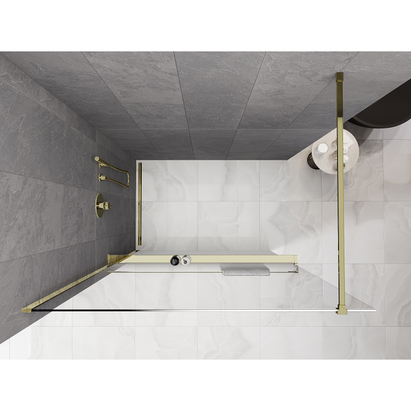 Mexen Kioto+ sprchová stěna s poličkou Walk-in 90 x 200 cm, bílý ombre 8 mm, zlatá - 800-090-121-50-86