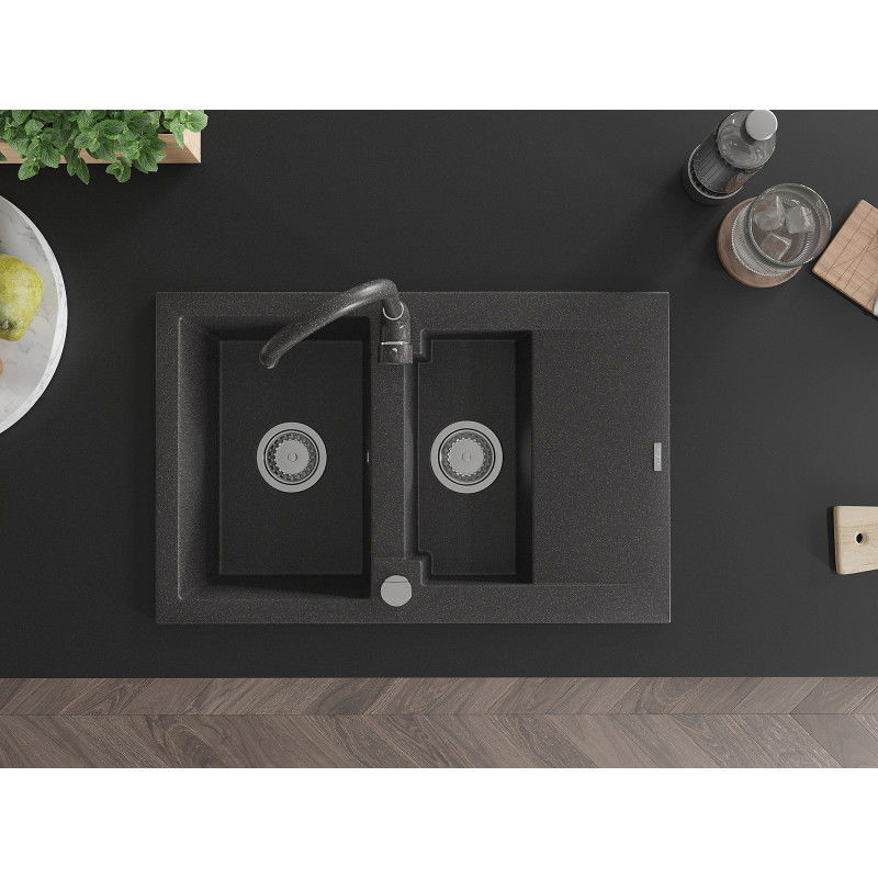 Mexen Gaspar dřez granitový 1,5-komorový s odkapem a kuchyňskou baterií Telma, černý kropenatý - 6507-76-670200-76