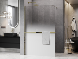 Mexen Kioto+ sprchová stěna s policí Walk-in 150 x 200 cm, ombre bílá 8 mm, zlatá - 800-150-121-50-86