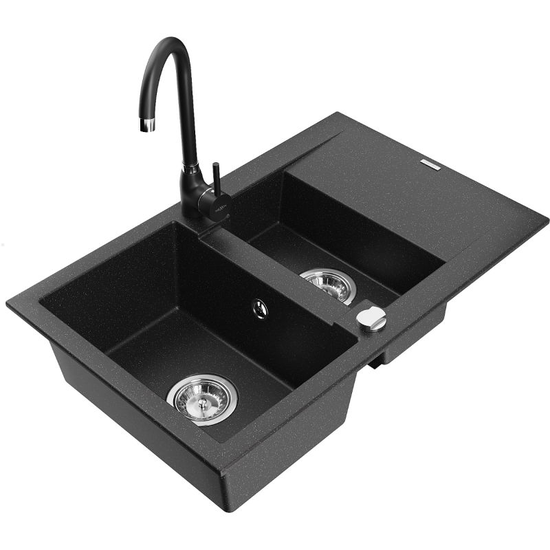 Mexen Gaspar granitový dřez 1,5-komorový s odkapávačem a kuchyňská baterie Telma, černý/stříbrný - 6507-73-670200-70