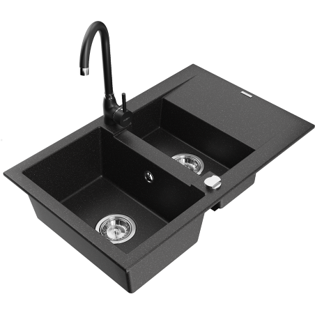 Mexen Gaspar granitový dřez 1,5-komorový s odkapávačem a kuchyňská baterie Telma, černý/stříbrný - 6507-73-670200-70