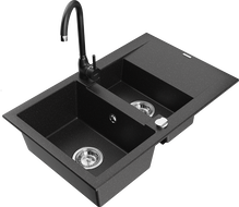 Mexen Gaspar granitový dřez 1,5-komorový s odkapávačem a kuchyňská baterie Telma, černý/stříbrný - 6507-73-670200-70