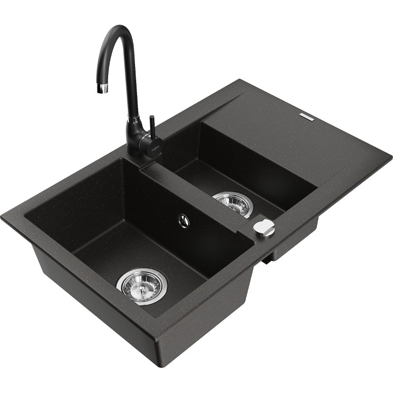 Mexen Gaspar žulový dřez 1,5-komorový s odkapávačem a kuchyňskou baterií Telma, černý/zlatý - 6507-75-670200-70