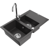 Mexen Gaspar granitový dřez 1,5-komorový s odkapávačem a kuchyňskou baterií Telma, černý skvrnitý - 6507-76-670200-00