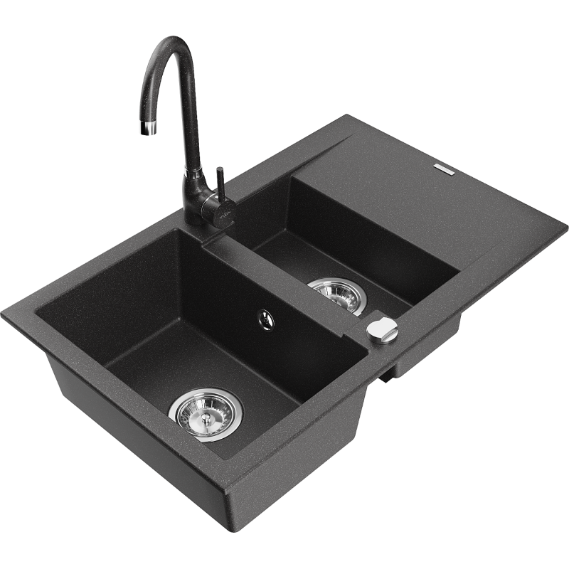 Mexen Gaspar dřez granitový 1,5-komorový s odkapem a kuchyňskou baterií Telma, černý kropenatý - 6507-76-670200-76