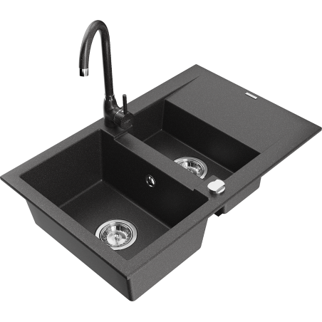Mexen Gaspar dřez granitový 1,5-komorový s odkapem a kuchyňskou baterií Telma, černý kropenatý - 6507-76-670200-76