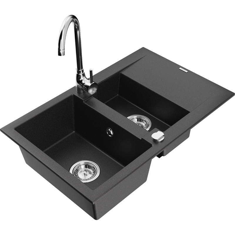 Mexen Gaspar granitový dřez 1,5-komorový s odkapávačem a kuchyňskou baterií Telma, černý - 6507-77-670200-00
