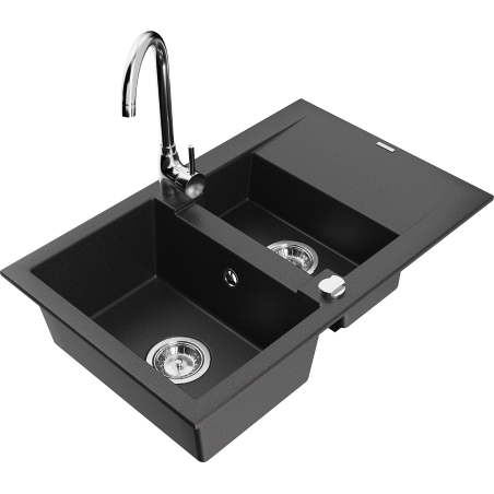 Mexen Gaspar granitový dřez 1,5-komorový s odkapávačem a kuchyňskou baterií Telma, černý - 6507-77-670200-00