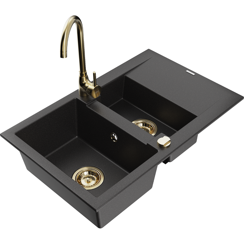 Mexen Gaspar granitový dřez 1,5-komorový s odkapávačem a kuchyňskou baterií Telma, černý - 6507-77-670200-50
