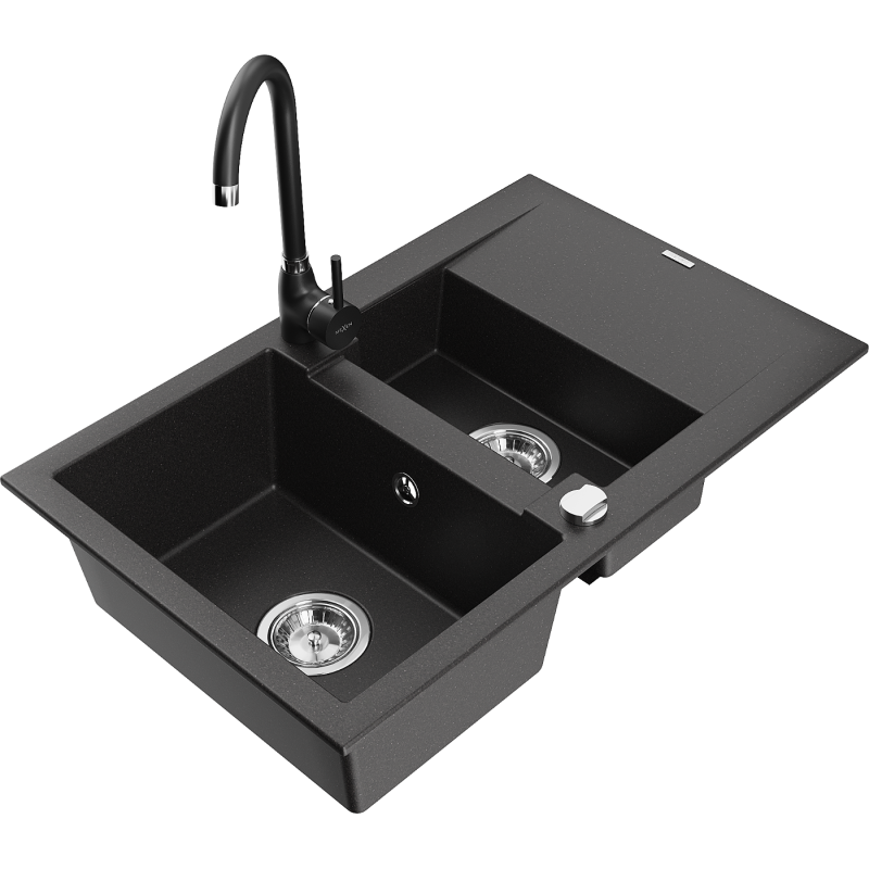 Mexen Gaspar kuchyňský dřez z granitu 1,5-komorový s odkapávačem a kuchyňská baterie Telma, černá - 6507-77-670200-70