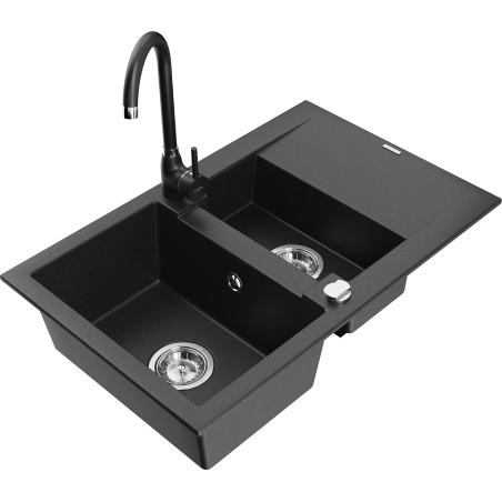 Mexen Gaspar kuchyňský dřez z granitu 1,5-komorový s odkapávačem a kuchyňská baterie Telma, černá - 6507-77-670200-70