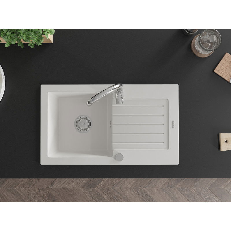 Mexen Pablo granitový dřez s 1 komorou, odkapávačem a kuchyňskou baterií Telma, bílý - 6510-20-670200-00