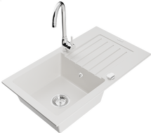 Mexen Pablo granitový dřez s 1 komorou, odkapávačem a kuchyňskou baterií Telma, bílý - 6510-20-670200-00