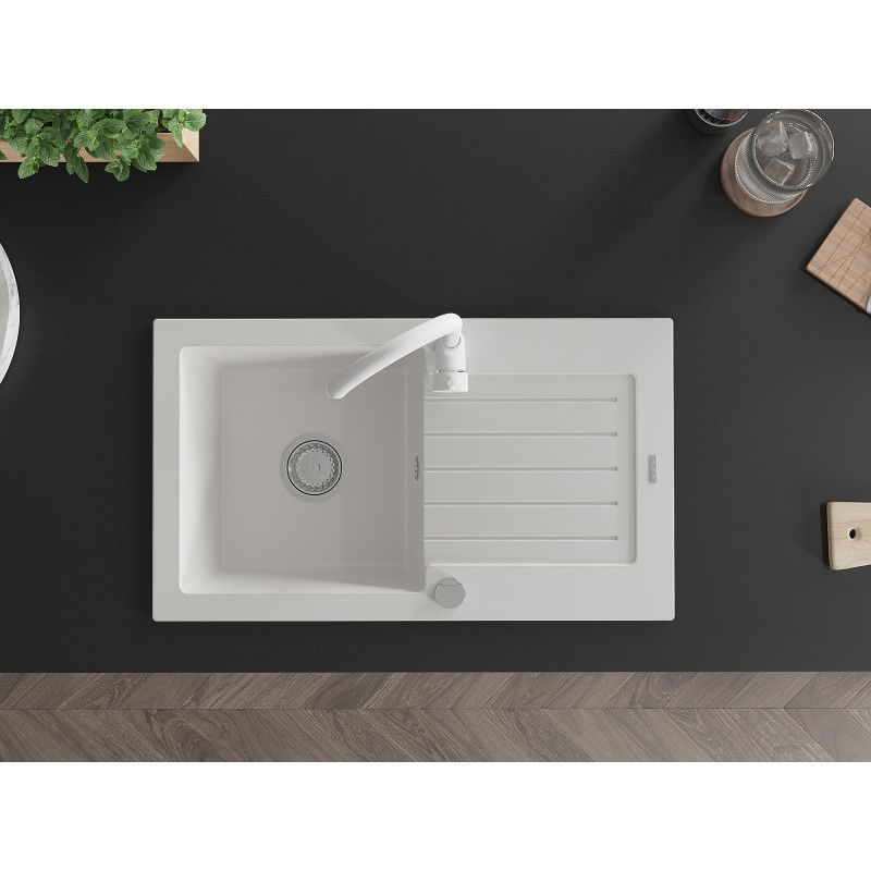 Mexen Pablo granitový dřez 1-komorový s odkapávačem a kuchyňskou baterií Telma, bílý - 6510-20-670200-20