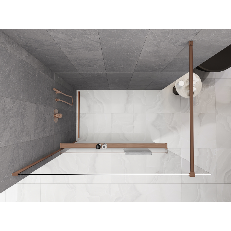 Mexen Kioto+ sprchová stěna s poličkou Walk-in 90 x 200 cm, bílá ombre 8 mm, kartáčovaná měď - 800-090-121-65-86