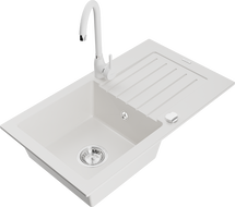 Mexen Pablo granitový dřez 1-komorový s odkapávačem a kuchyňskou baterií Telma, bílý - 6510-20-670200-20