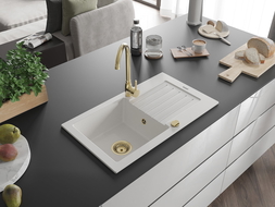 Mexen Pablo granitový dřez 1-komorový s odkapávačem a kuchyňskou baterií Telma, bílý - 6510-20-670200-50