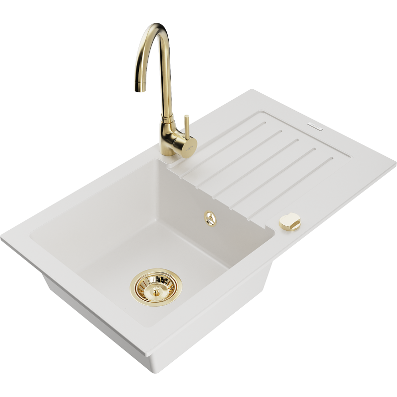 Mexen Pablo granitový dřez 1-komorový s odkapávačem a kuchyňskou baterií Telma, bílý - 6510-20-670200-50