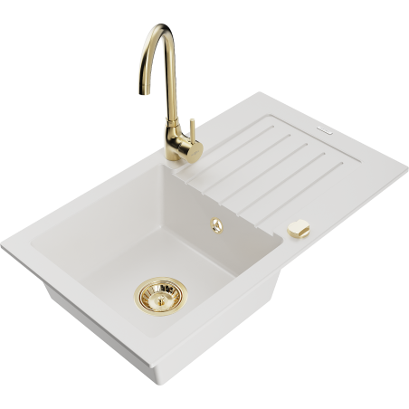 Mexen Pablo granitový dřez 1-komorový s odkapávačem a kuchyňskou baterií Telma, bílý - 6510-20-670200-50