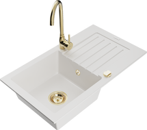 Mexen Pablo granitový dřez 1-komorový s odkapávačem a kuchyňskou baterií Telma, bílý - 6510-20-670200-50